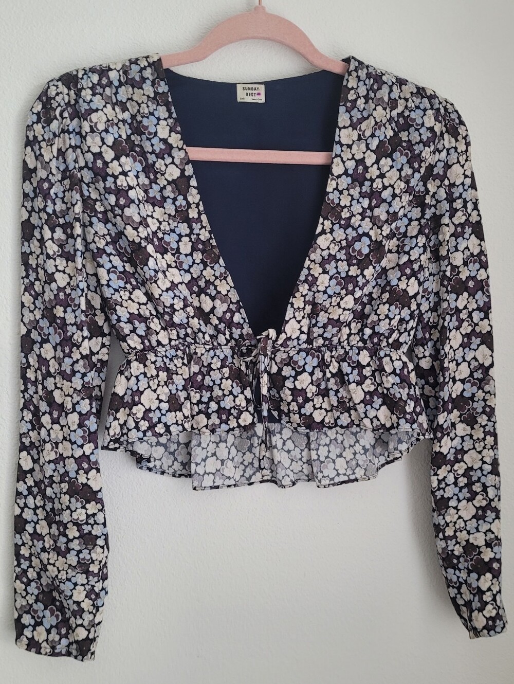 Aritzia Sunday Best Floral Tie Front Crop Top Long Sleeve Navy 2XS Retro Boho